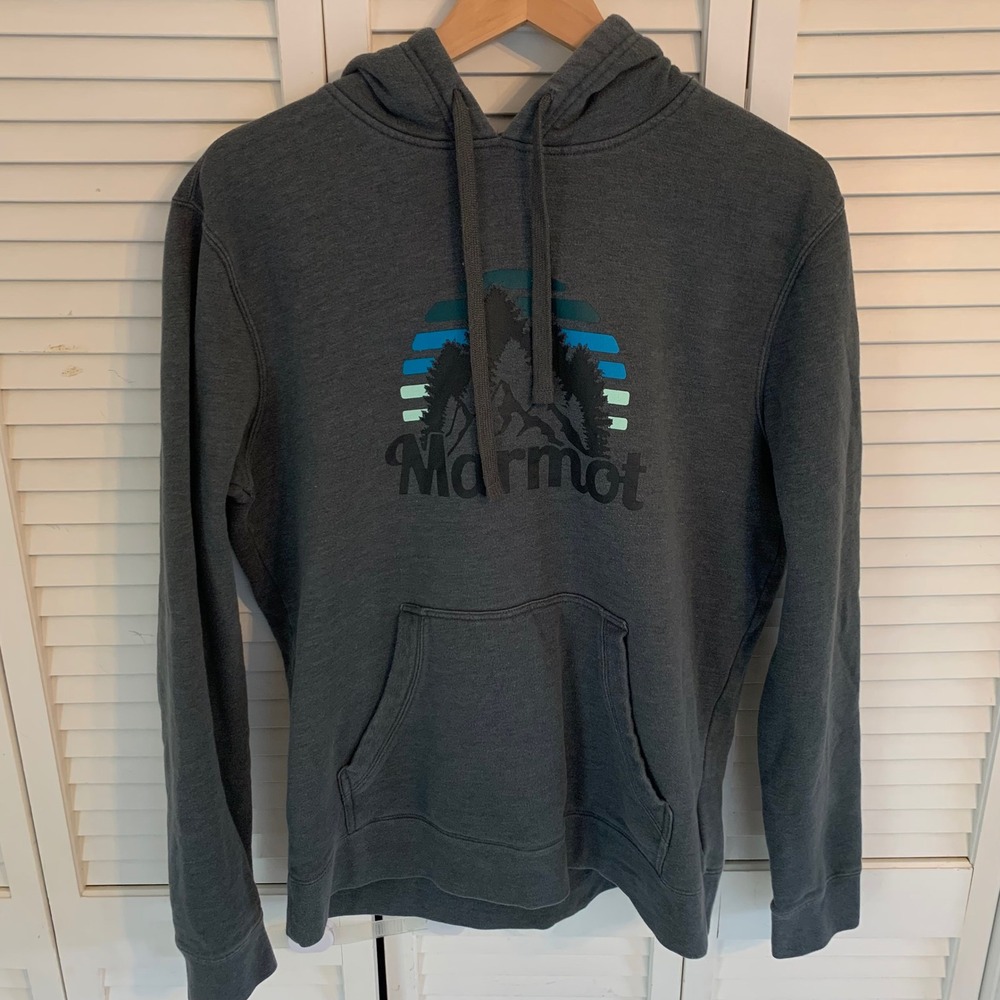 Marmot Mens Mountain Sunset Graphic Pullover Hoodie Gray Medium Gorpcore Outdoor